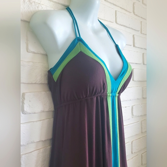 XOXO Halter Handkerchief Midi Dress Summer Green Teal Blue Brown Size Small - Picture 3 of 11